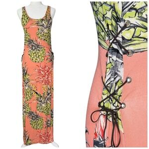 Y2K Guess Dress Small Maxi Lace Up Bodycon‎ Hawaiian Beach Tropical Pineapple